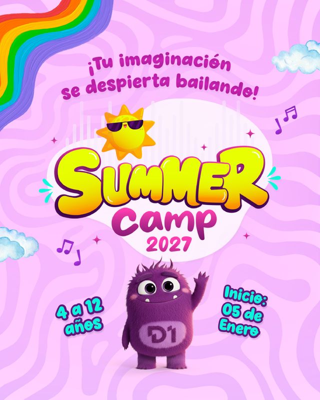 Flyer del Summer Camp 2027: “¡Tu imaginación se despierta bailando!”, para niños de 4 a 12 años, con inicio el 5 de enero
