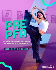 Portada del brochure PRE PFA 2026: bailarina con la pierna en alto en el estudio de D1; preparación para el Programa de Formación Artística, inicio el 1 de junio