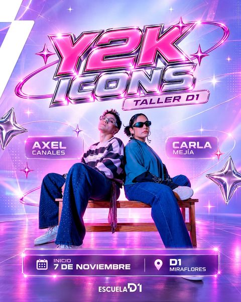 Flyer del taller Y2K Icons: Axel Canales y Carla Mejía sentados espalda con espalda en una banca, bajo el logo del taller; inicio el 7 de noviembre en D1 Miraflores