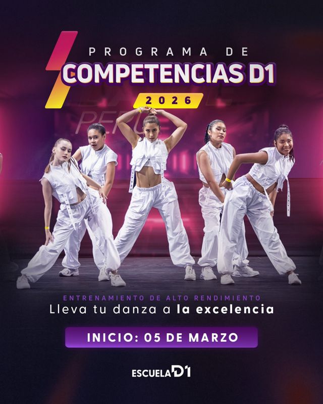 Portada del brochure del Programa de Competencias D1 2026: alumnas de blanco en el escenario; inicio el 5 de marzo