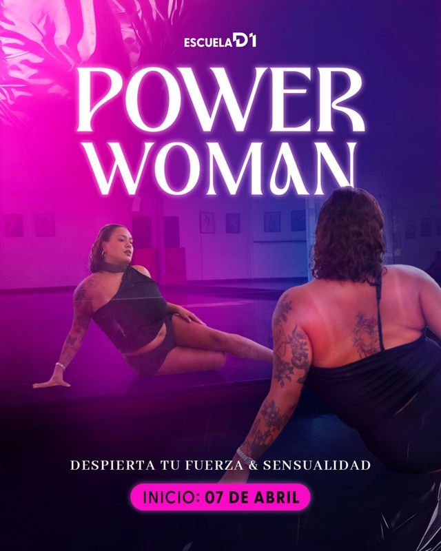 Portada del brochure de Power Woman: dos bailarinas en el estudio bajo luz fucsia; inicio el 7 de abril