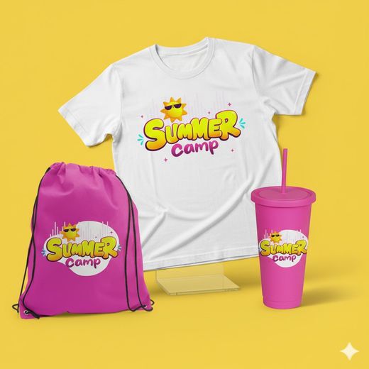 Kit del Summer Camp: polo blanco, mochila fucsia y tomatodo con el logo del campamento